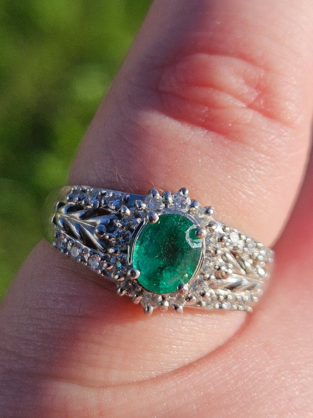 Platinum Natural Emerald Diamond Halo Cocktail Cluster Ring Band Size 7